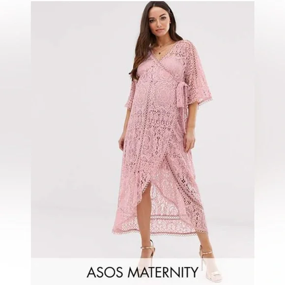 ASOS Pink Lace wrap midi Maternity Dress ASOS Pink Lace wrap midi Maternity Dress